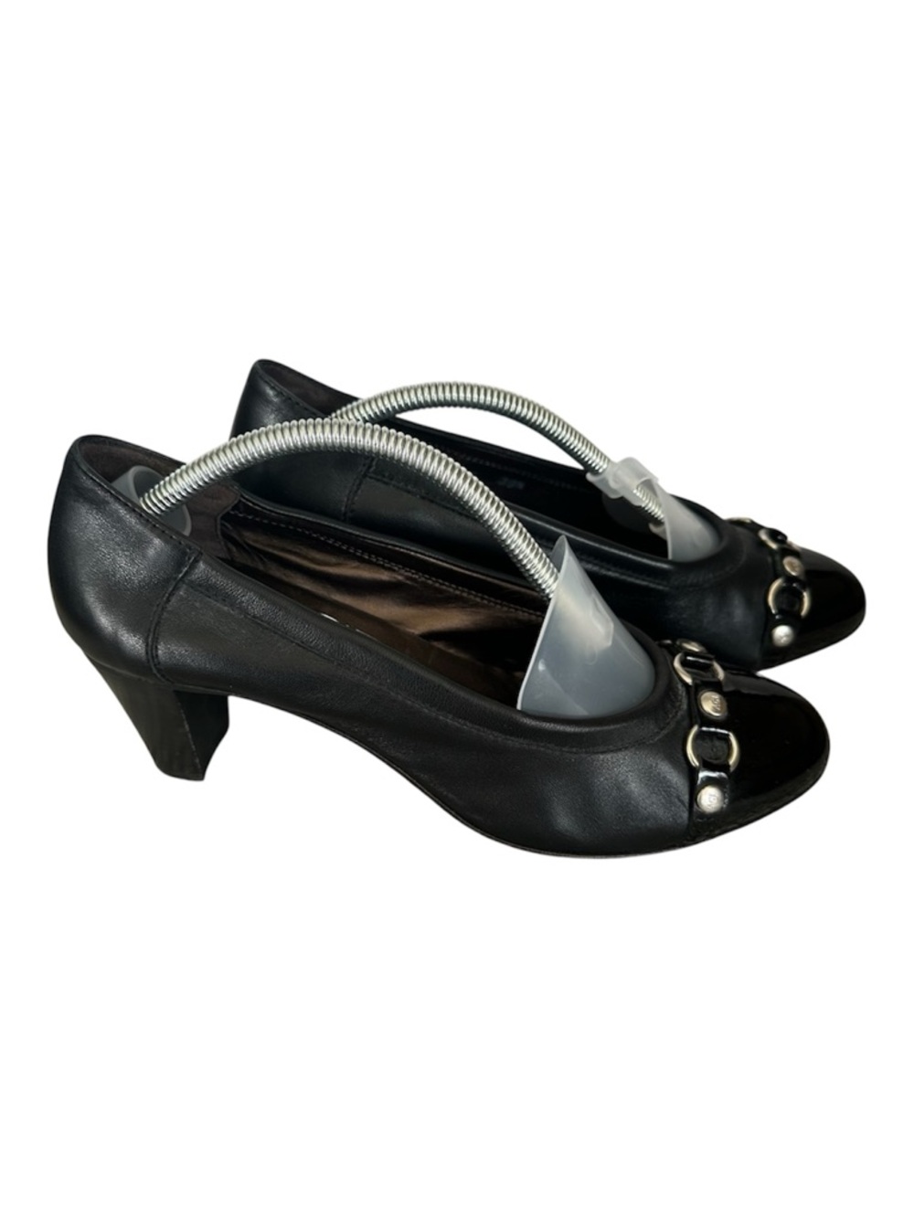 AGL Attilio Giusti Leombruni Black Leather Heel Pumps with Chain Accent